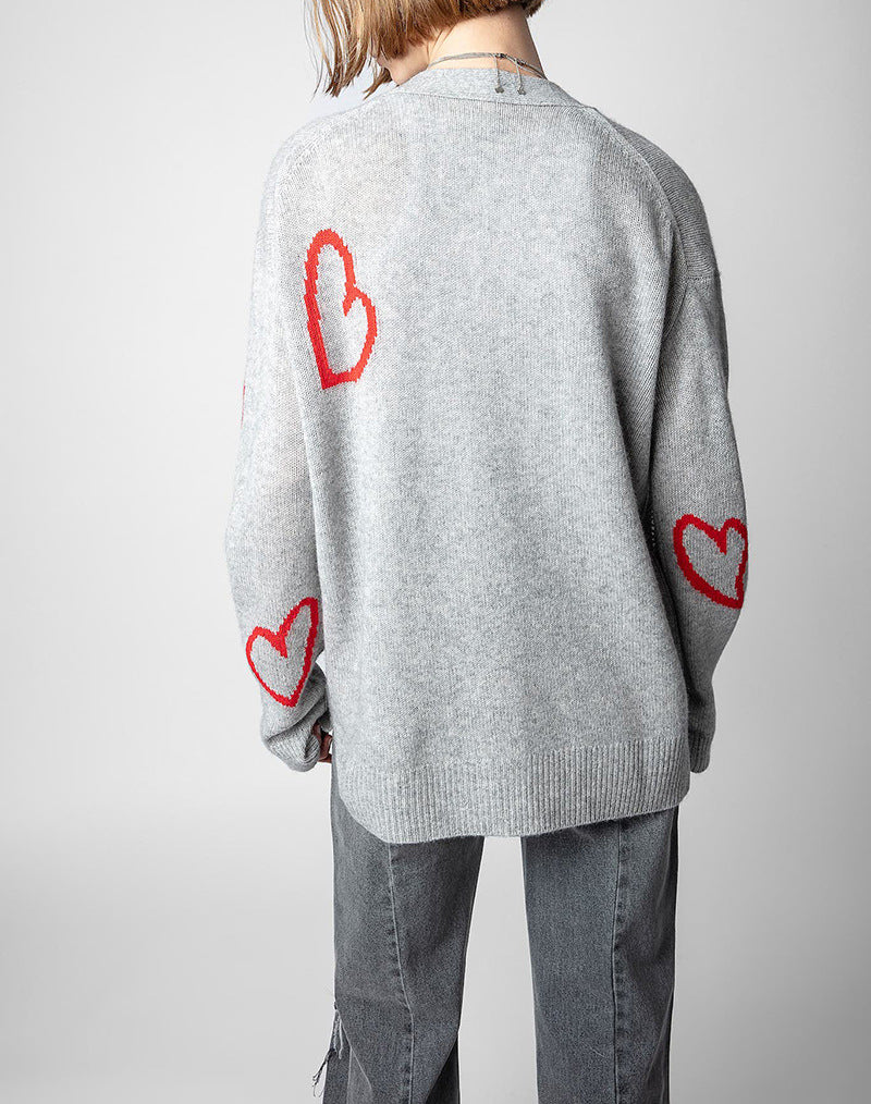 A niche cardigan with a red heart jacquard hem and a split V-neck knit sweater for women