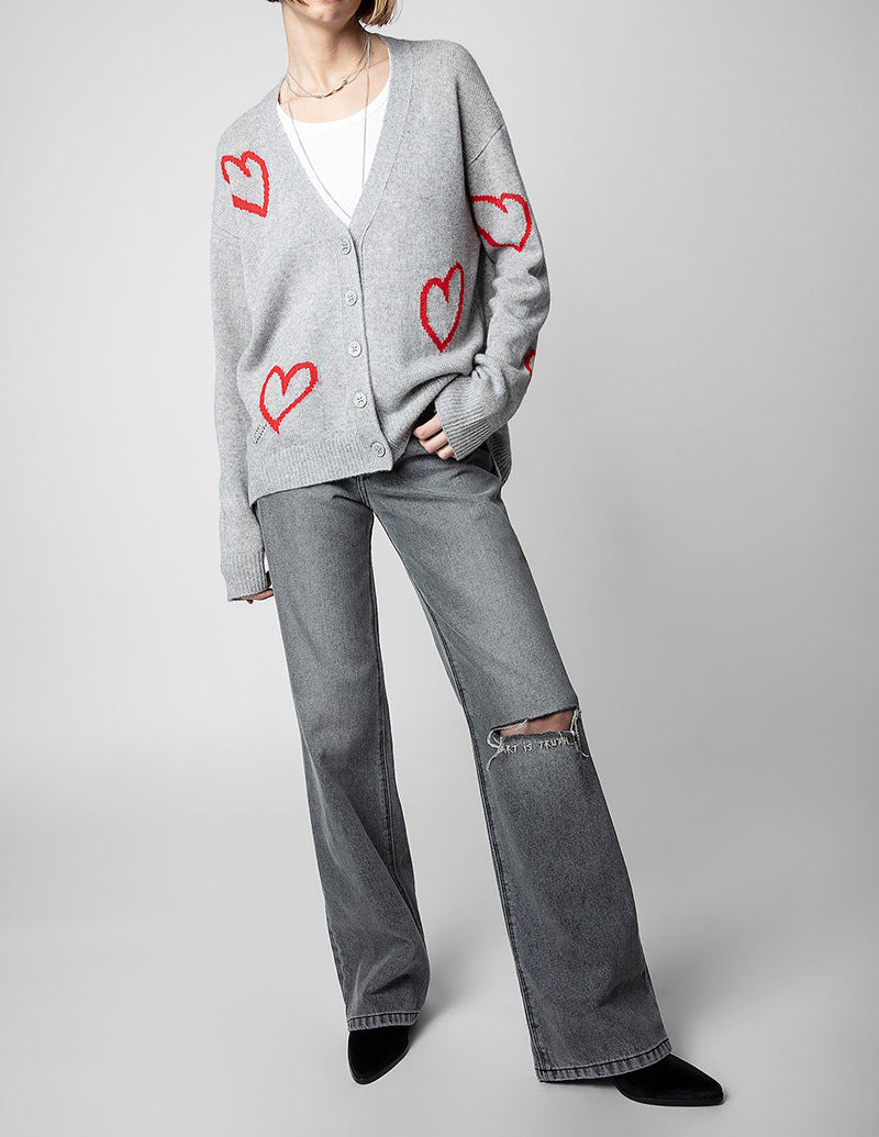 A niche cardigan with a red heart jacquard hem and a split V-neck knit sweater for women