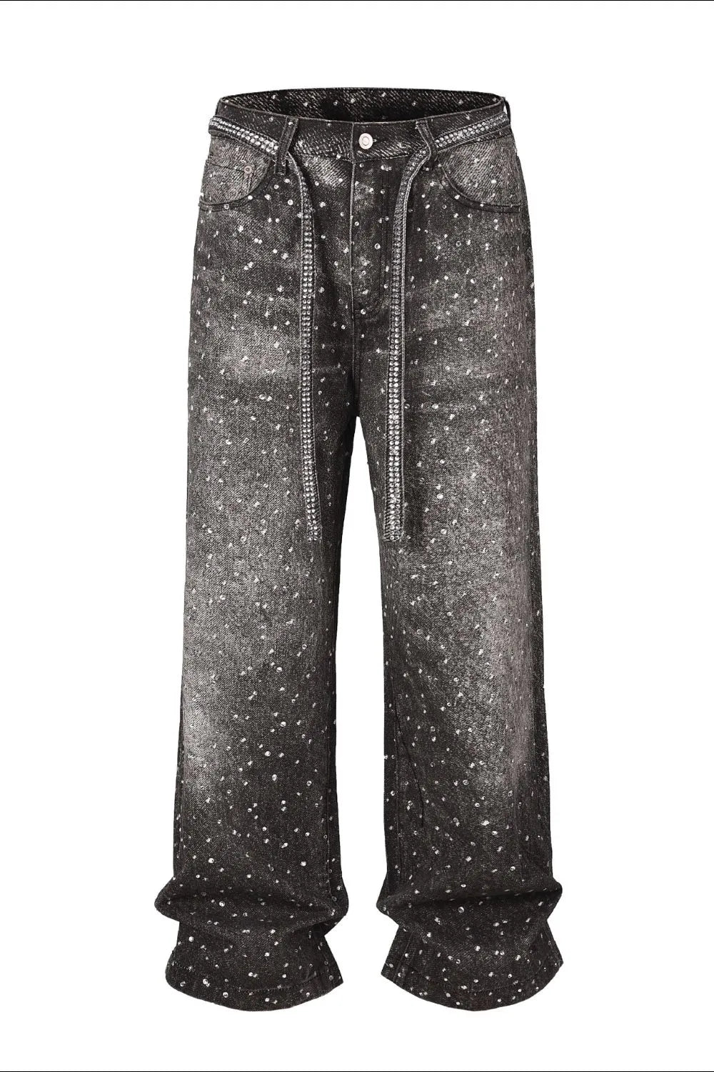 Washed loose wide leg printed jeans with a full diamond drop design straight leg pants