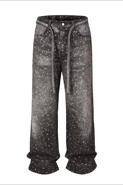 Washed loose wide leg printed jeans with a full diamond drop design straight leg pants