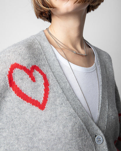 A niche cardigan with a red heart jacquard hem and a split V-neck knit sweater for women