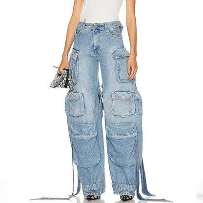 Heavy industry multi pocket denim pants with decorative straps and split back work pants