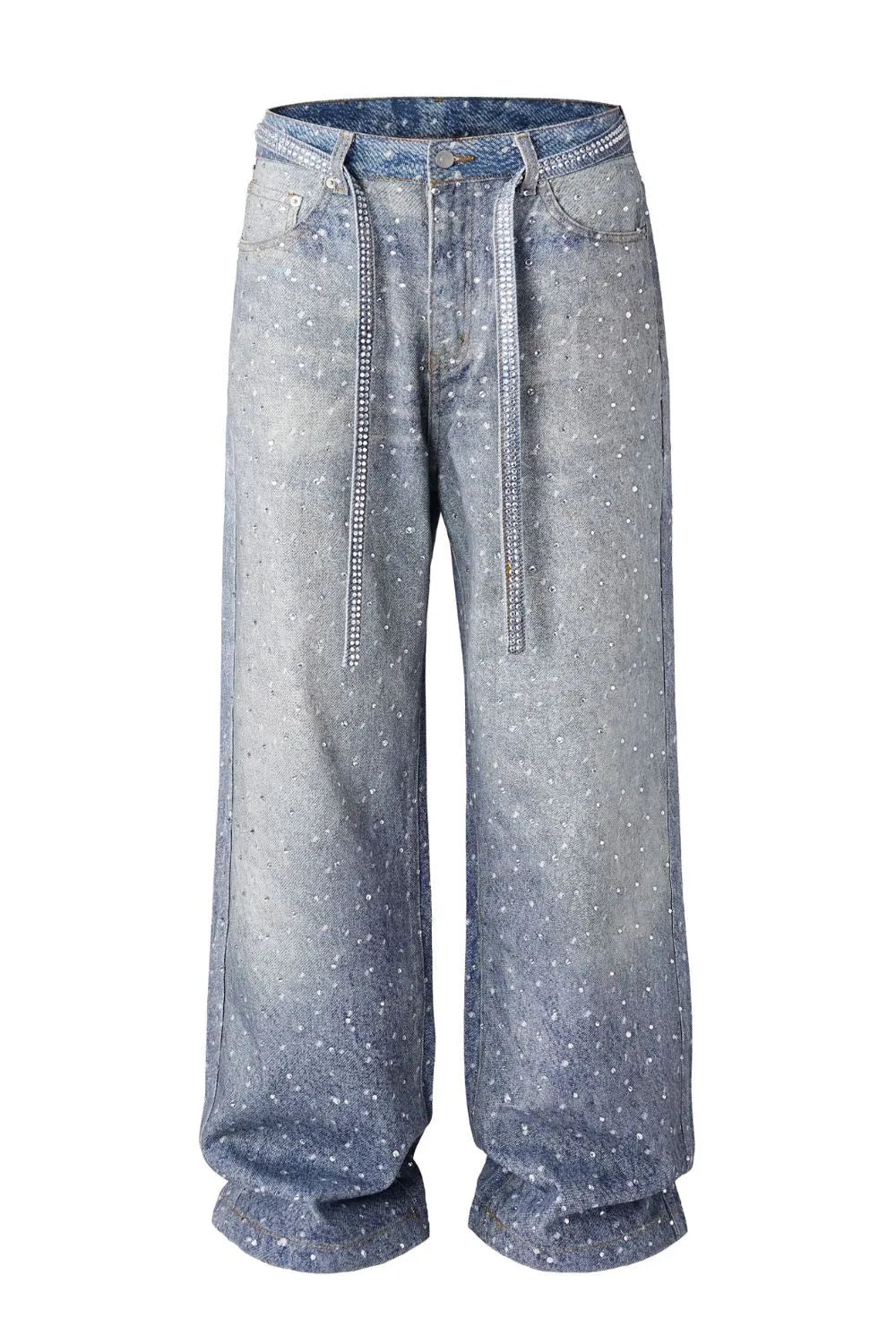 Washed loose wide leg printed jeans with a full diamond drop design straight leg pants