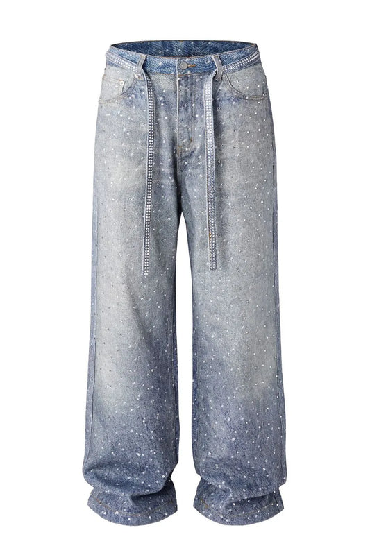 Washed loose wide leg printed jeans with a full diamond drop design straight leg pants