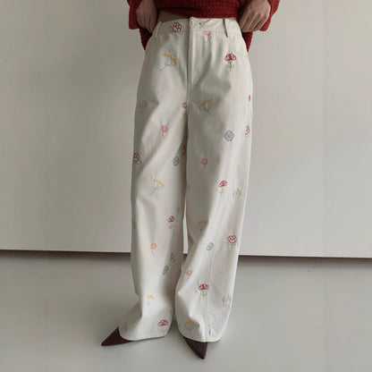 Sweet and Lovely Embroidered White Straight Loose Denim Pants for Women