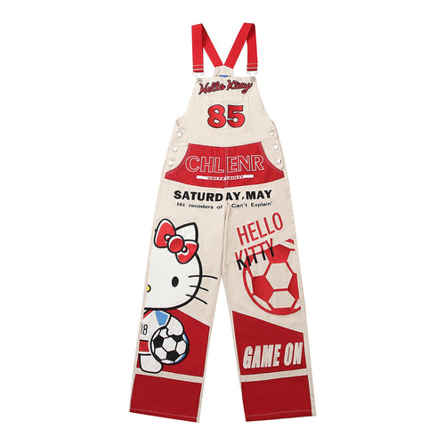 Retro Color Block Cute Cartoon Embroidery Overalls Unisex Loose Casual Straight Leg Wide Leg Jumpsuit Trendy