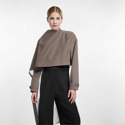 Solid Spliced Button Chic Irregular Short Coats For Women Turtleneck Long Sleeve Asymmetrical Jacket Female Fashion