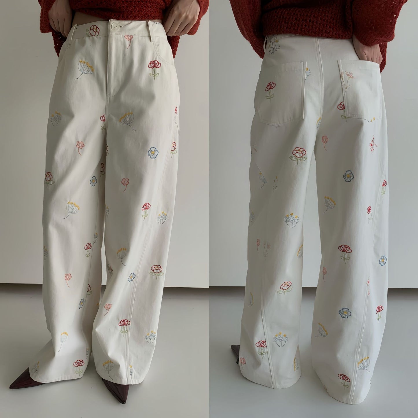 Sweet and Lovely Embroidered White Straight Loose Denim Pants for Women