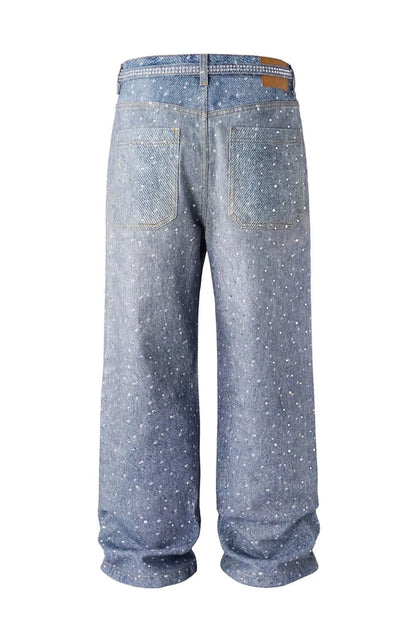 Washed loose wide leg printed jeans with a full diamond drop design straight leg pants