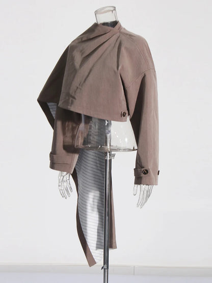Solid Spliced Button Chic Irregular Short Coats For Women Turtleneck Long Sleeve Asymmetrical Jacket Female Fashion