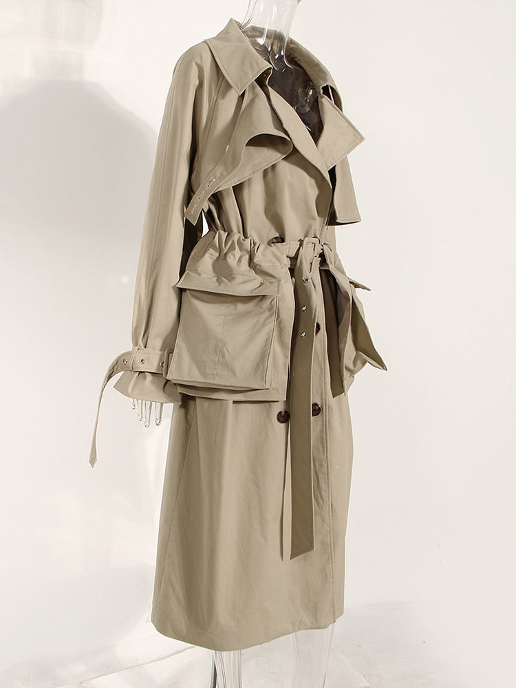 Women Khaki Pocket Big Size Long Trench New Lapel Long Sleeve Loose Fit Windbreaker Fashion Spring Autumn
