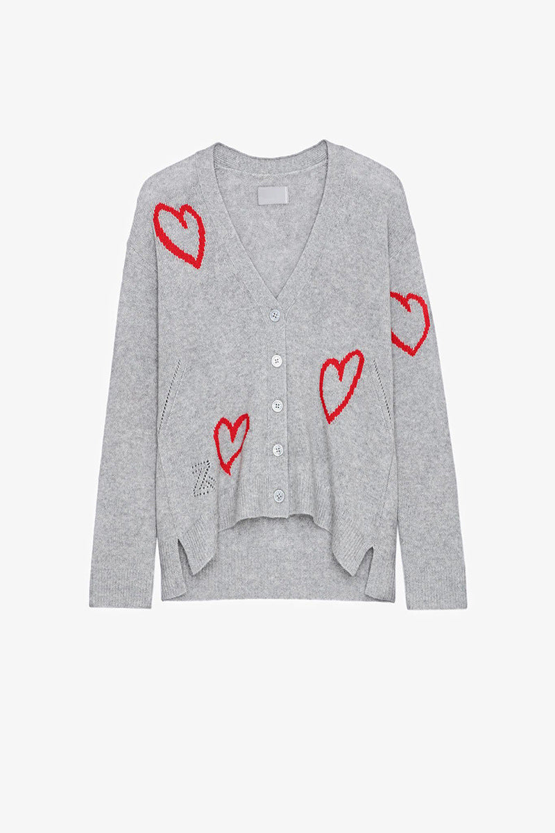 A niche cardigan with a red heart jacquard hem and a split V-neck knit sweater for women