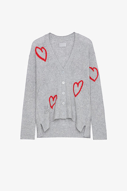 A niche cardigan with a red heart jacquard hem and a split V-neck knit sweater for women