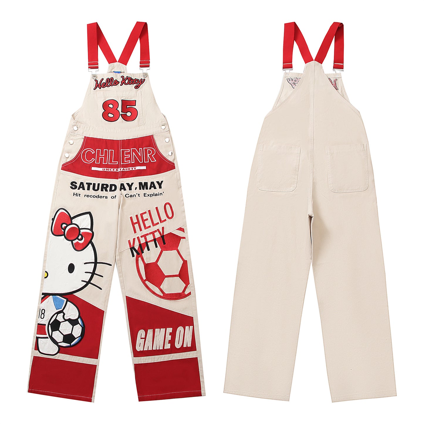 Retro Color Block Cute Cartoon Embroidery Overalls Unisex Loose Casual Straight Leg Wide Leg Jumpsuit Trendy