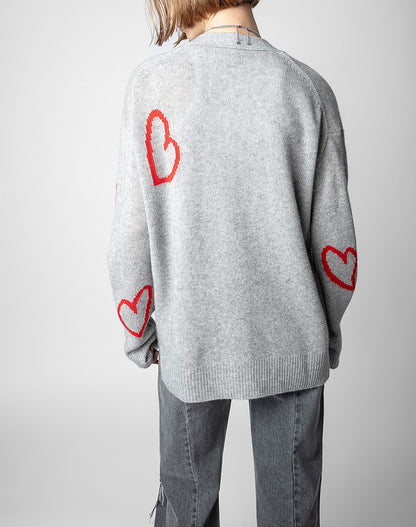 A niche cardigan with a red heart jacquard hem and a split V-neck knit sweater for women