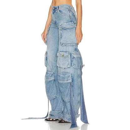 Heavy industry multi pocket denim pants with decorative straps and split back work pants
