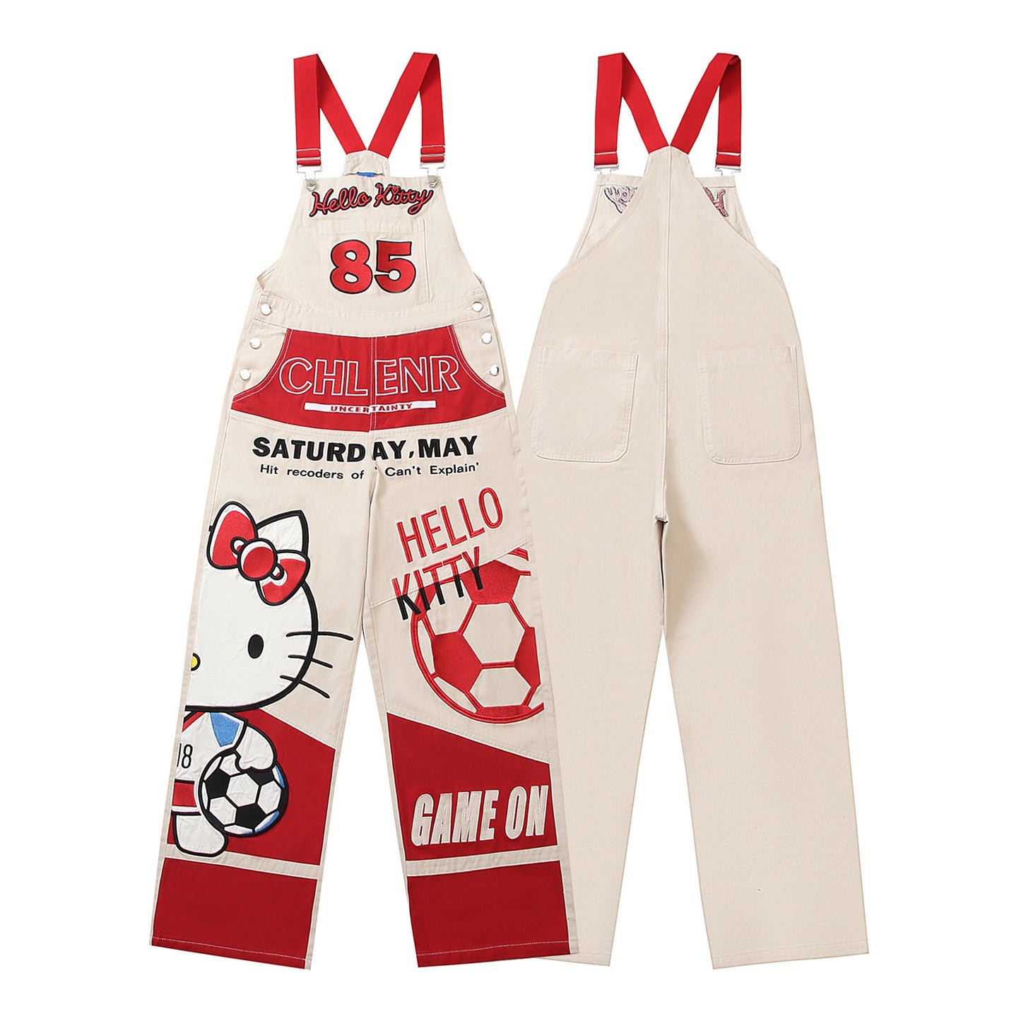 Retro Color Block Cute Cartoon Embroidery Overalls Unisex Loose Casual Straight Leg Wide Leg Jumpsuit Trendy