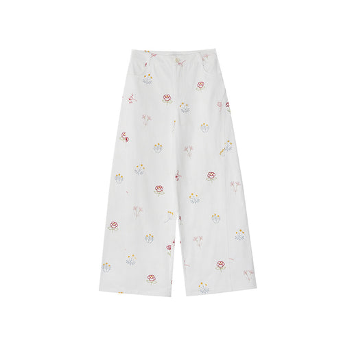 Sweet and Lovely Embroidered White Straight Loose Denim Pants for Women
