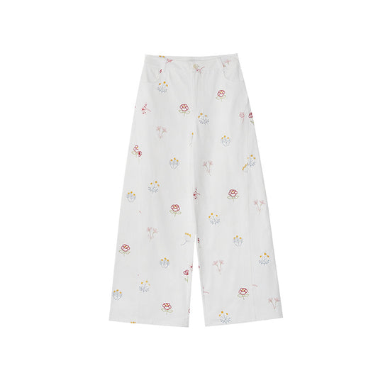 Sweet and Lovely Embroidered White Straight Loose Denim Pants for Women