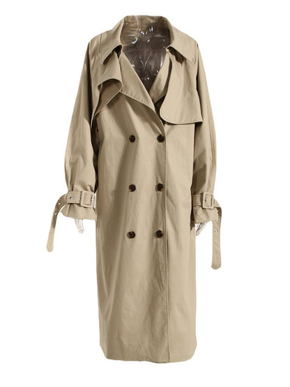 Women Khaki Pocket Big Size Long Trench New Lapel Long Sleeve Loose Fit Windbreaker Fashion Spring Autumn