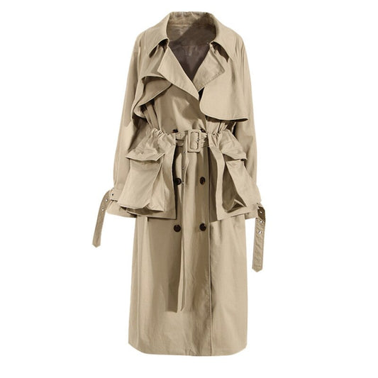 Women Khaki Pocket Big Size Long Trench New Lapel Long Sleeve Loose Fit Windbreaker Fashion Spring Autumn